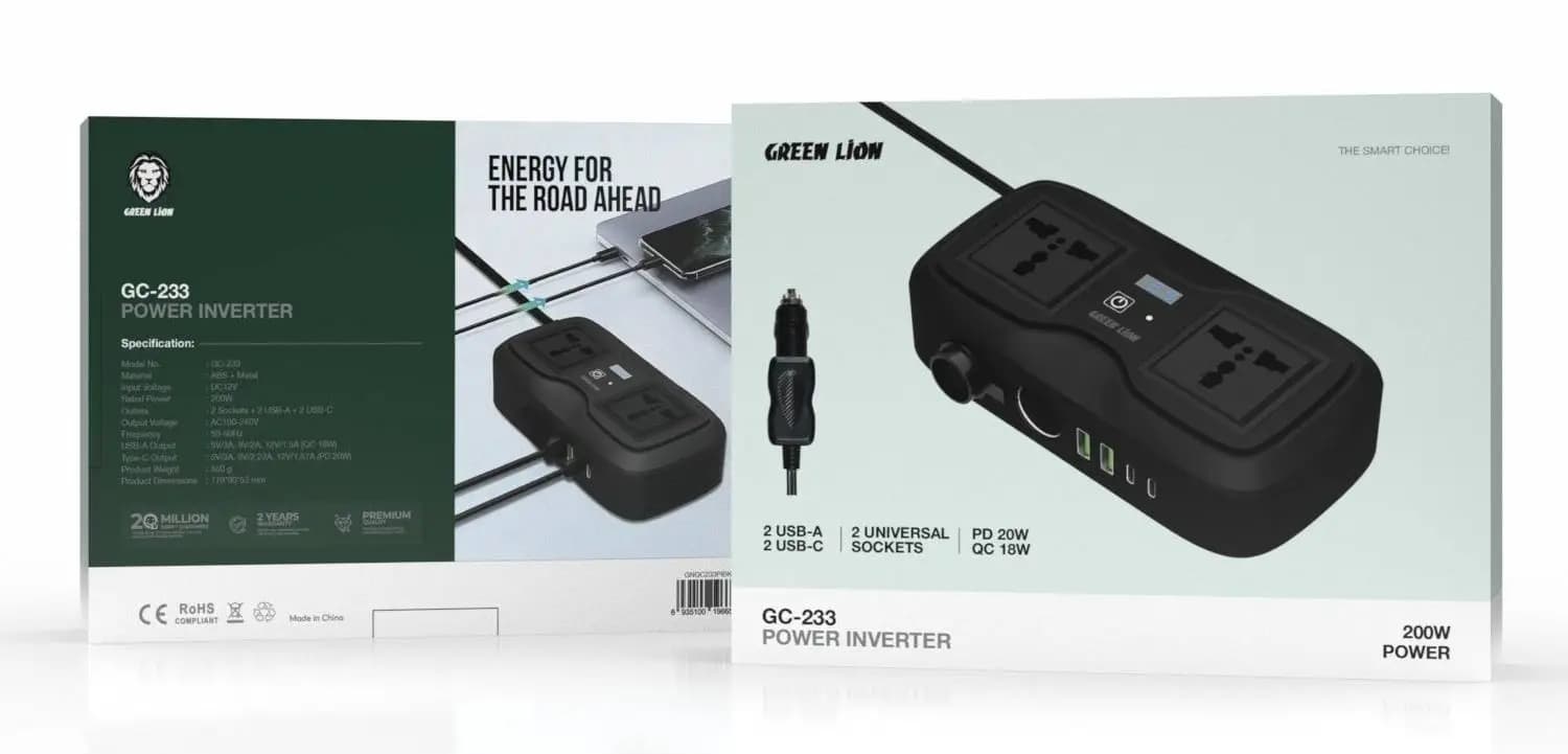 چندراهی و مبدل برق فندکی خودروی گرین لاین مدل GC-233 توان 200 وات Green Lion inverter — تصویر ۴