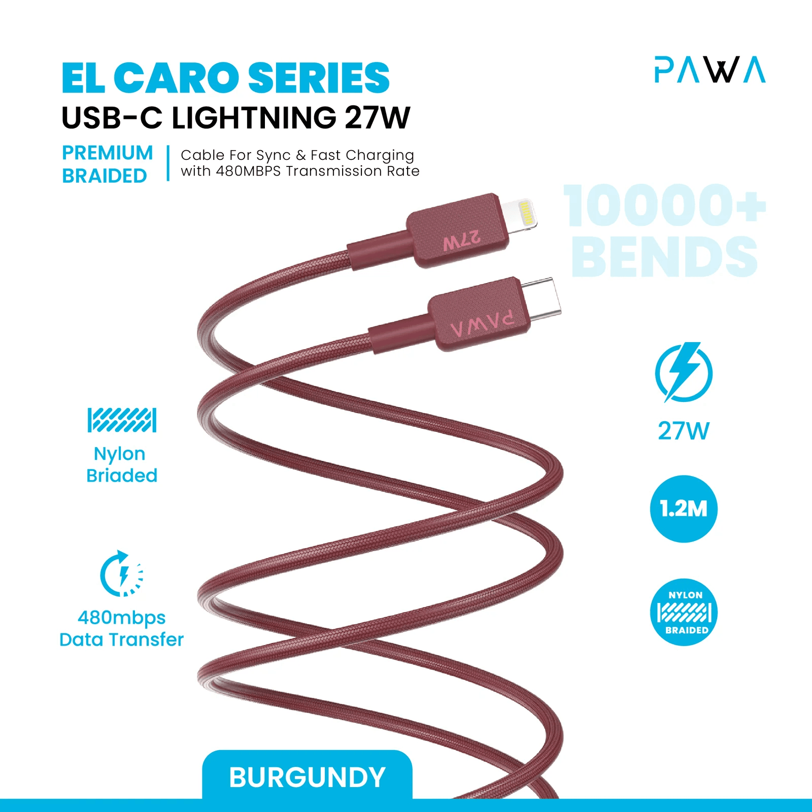 کابل Type-C به Lightning 27W پاوا Pawa مدل 12BD27CL El-Claro به طول 1.2 متر — تصویر ۴