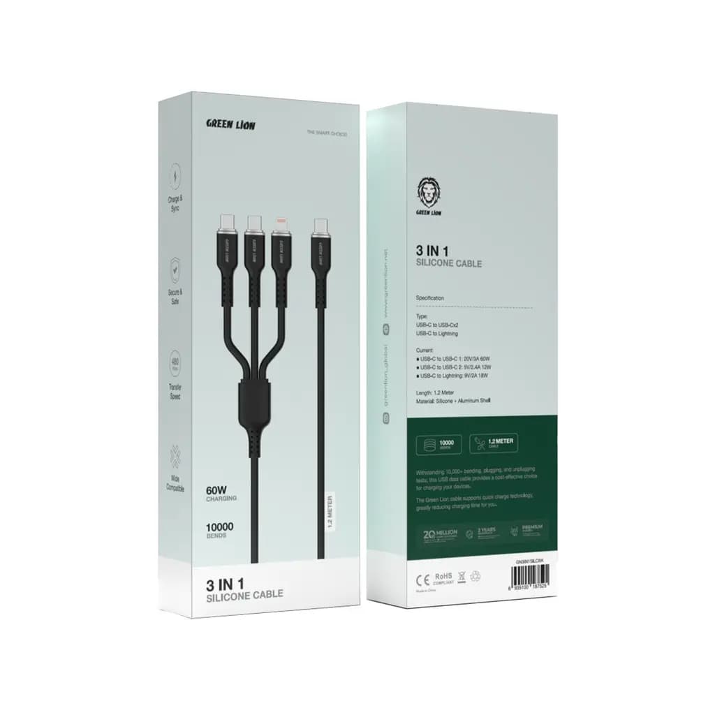 کابل تایپC به لایتنینگ و تایپC مدل گرین لاین Green Lion 3in1 Silicone Cable — تصویر ۲