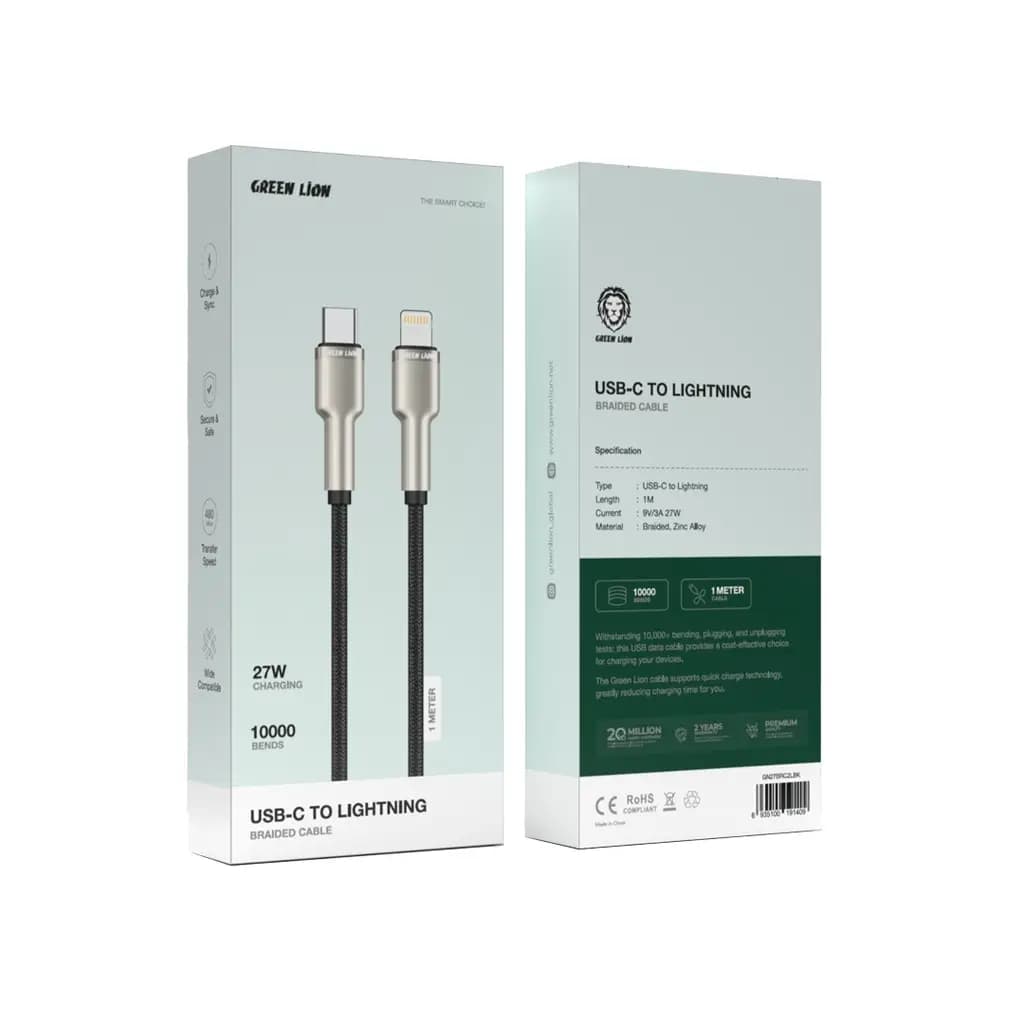 کابل روکش فلزی 27وات تایپC به لایتنینگ گرین لاین Green Lion