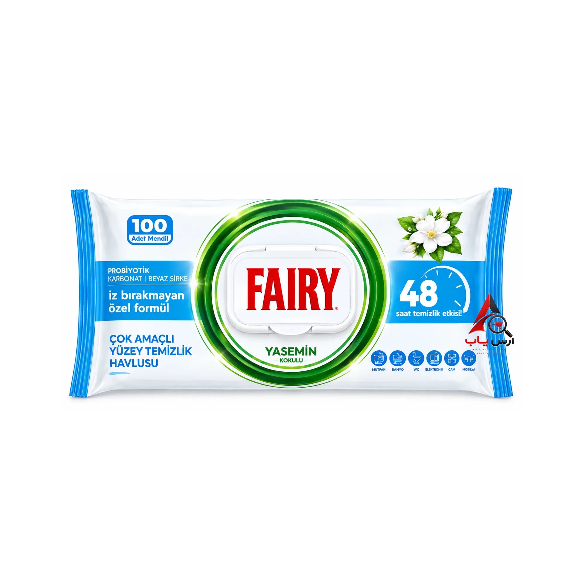 دستمال مرطوب فیری Fairy سطوح با رایحه گل یاس بسته 100 عددی