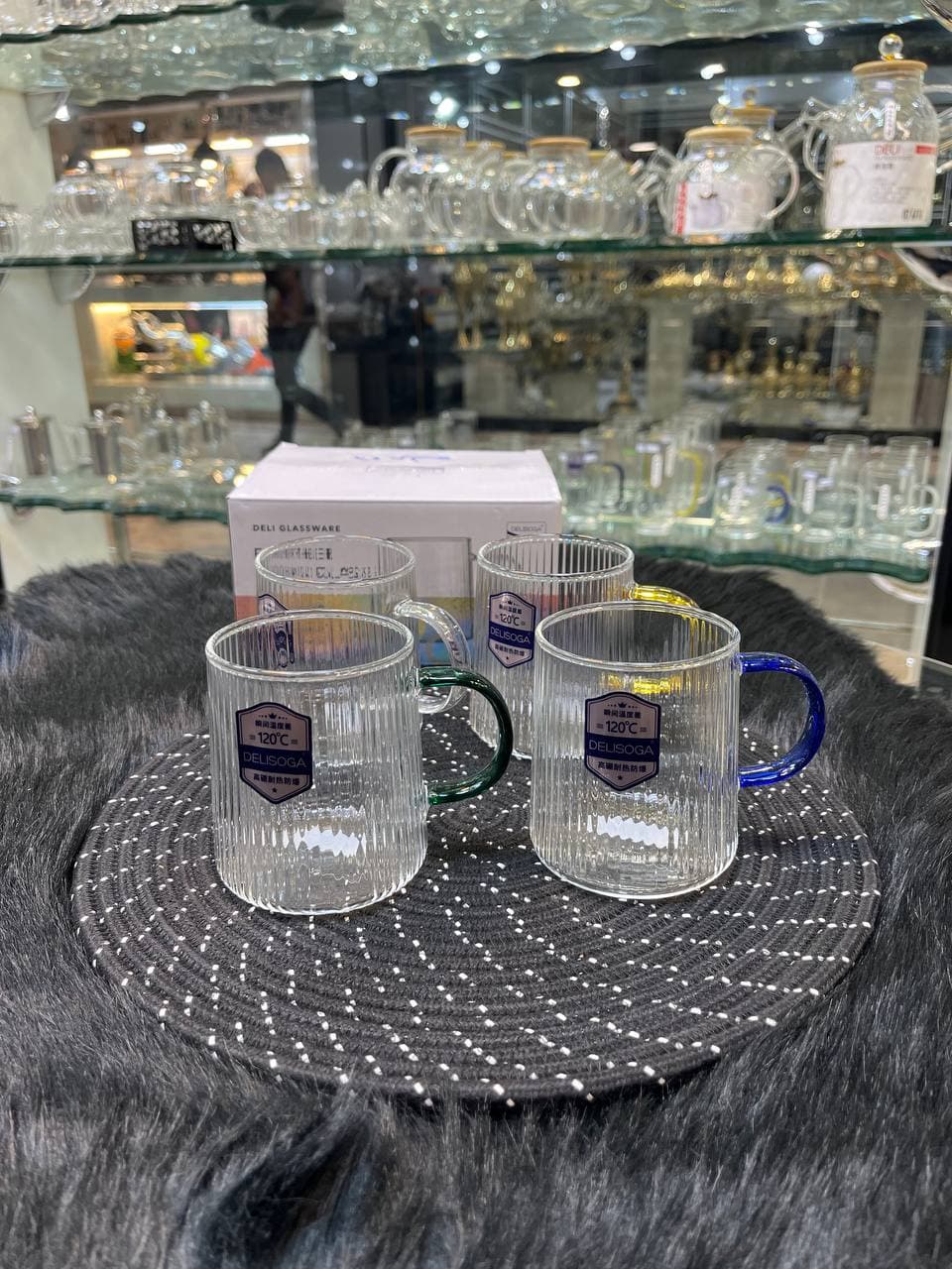 لیوان4 تایی پیرکس 320 میل دسته رنگی راه راه پایین پهن DELI — تصویر ۵