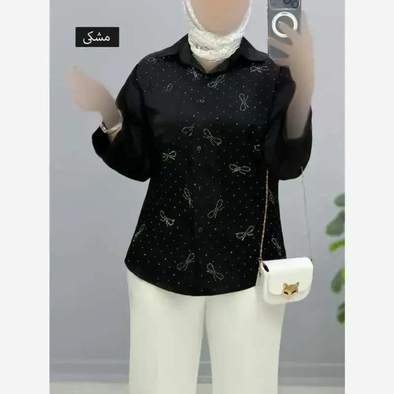 شومیز مانتویی زنانه و دخترانه شانتون نگین کاری شده مشکی فری سایز — تصویر ۲