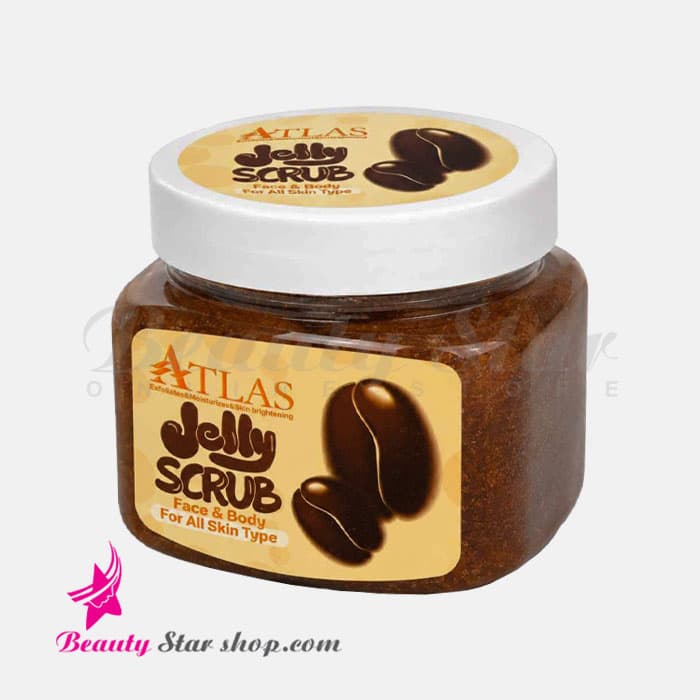 اسکراب ژله ای (شنی) صورت و بدن اطلس مدل قهوه مناسب انواع پوست حجم 500 گرم
