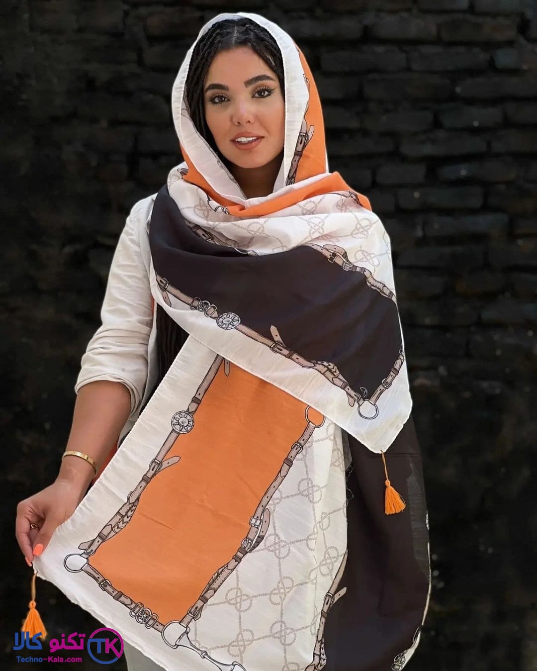 شال زنانه نخی اسلپ کد 4092 نارنجی مشکی (ارسال رایگان)