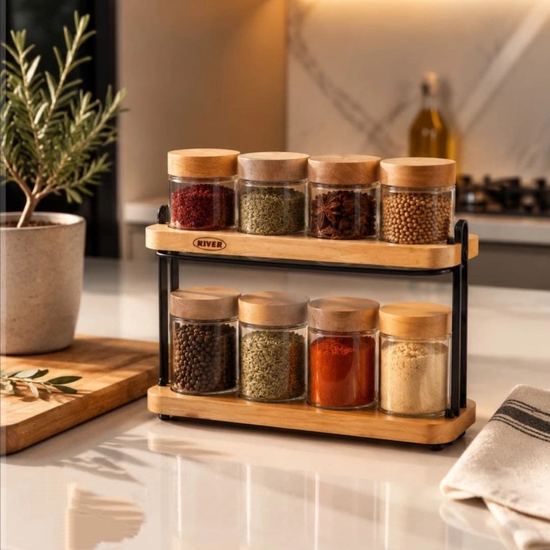 ست ادویه 8 پارچه شیشه‌ای ریور RIVER مدل دو طبقه گرد کد 1192