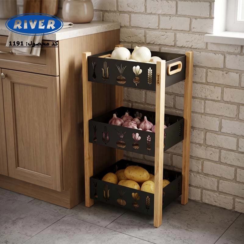 سبد سیب زمینی و پیاز 3 طبقه ریور RIVER مدل چوب لیزر کد 1191