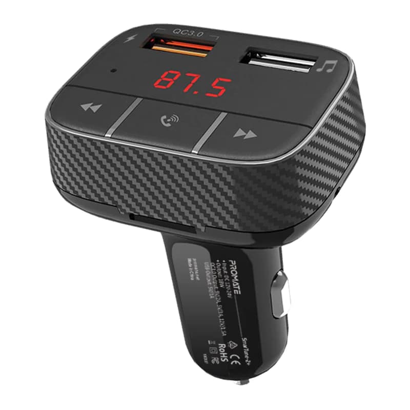 شارژر فندکی بلوتوثی با مدولاتور FM بی‌سیم خودرو و پورت شارژ سریع QC3.0 پرومیت مدل smarTune-2 Plus