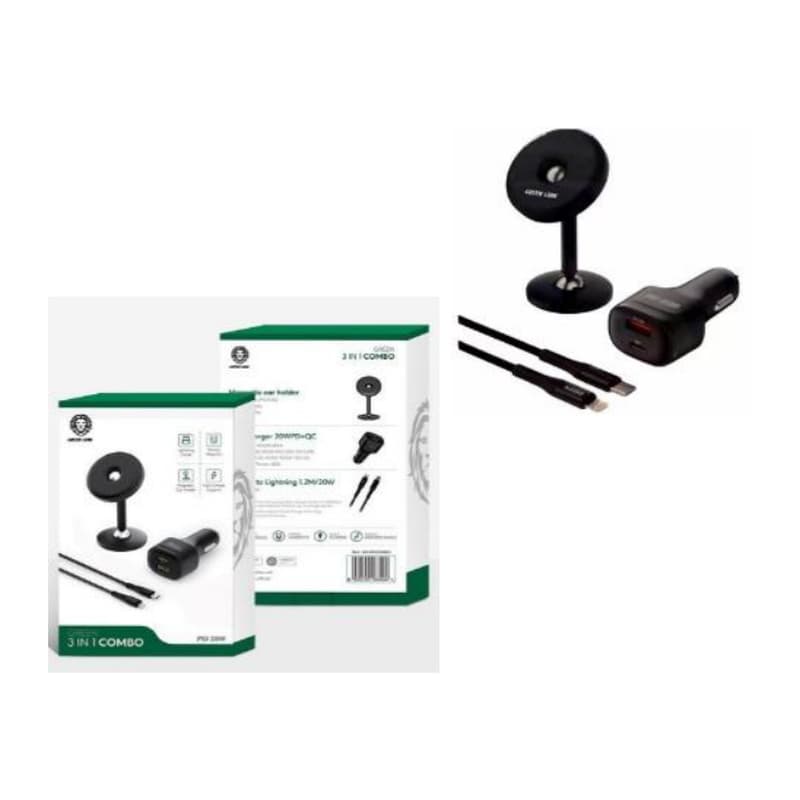 شارژر فندکی فست شارژ خودرو گرین لاین مدل Green 3 in 1 Combo ( Magnetic Car Holder / Car Charger 20W PD- QC / USB-C to Lightning Cable 1 کد 3725