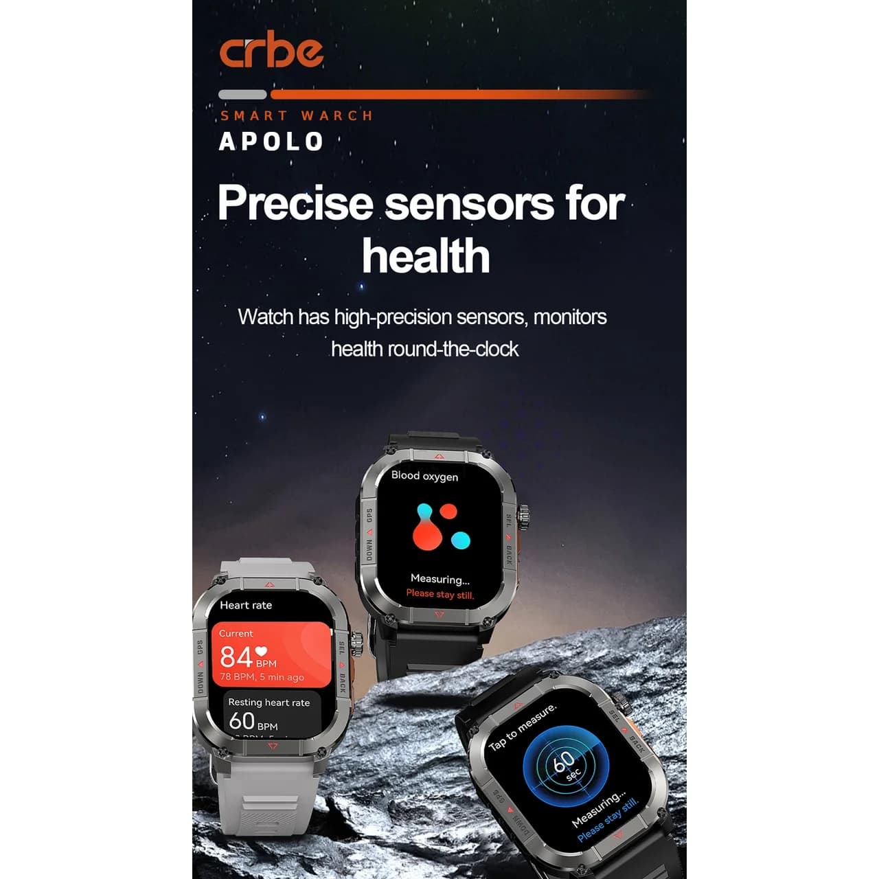 ساعت هوشمند Crbe مدل Apollo – مشکی (گارانتی یکساله PMC) — تصویر ۳