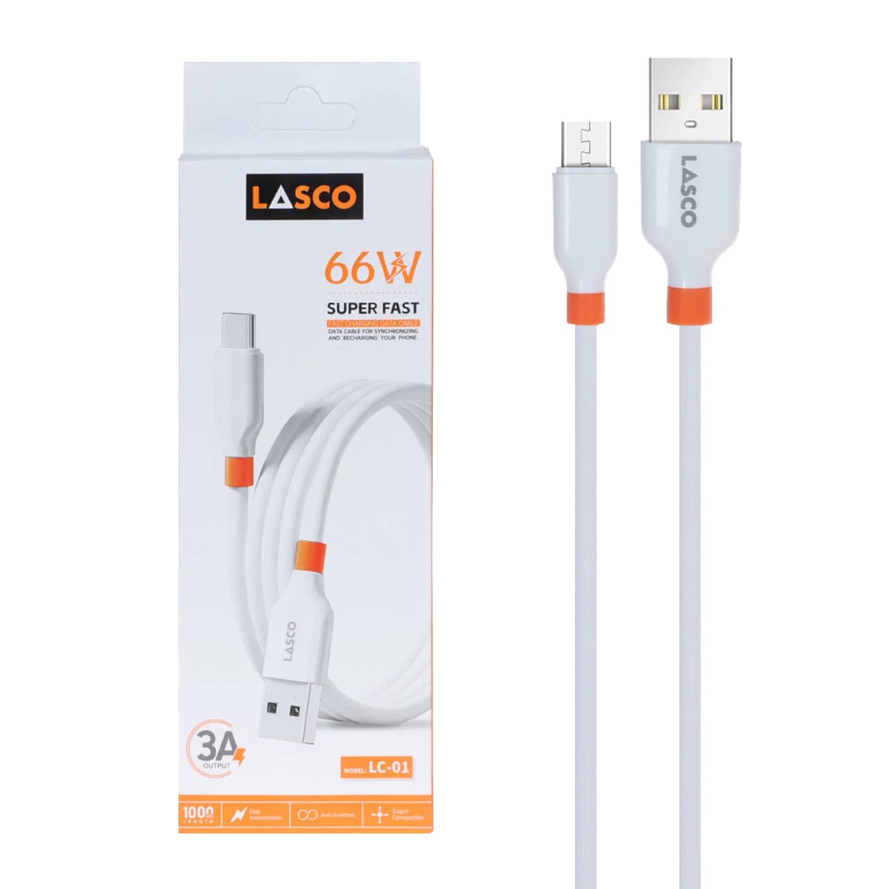کابل شارژ فست اندروید Lasco مدل LC-01 66W – سفید – DST(گارانتی شش ماهه)