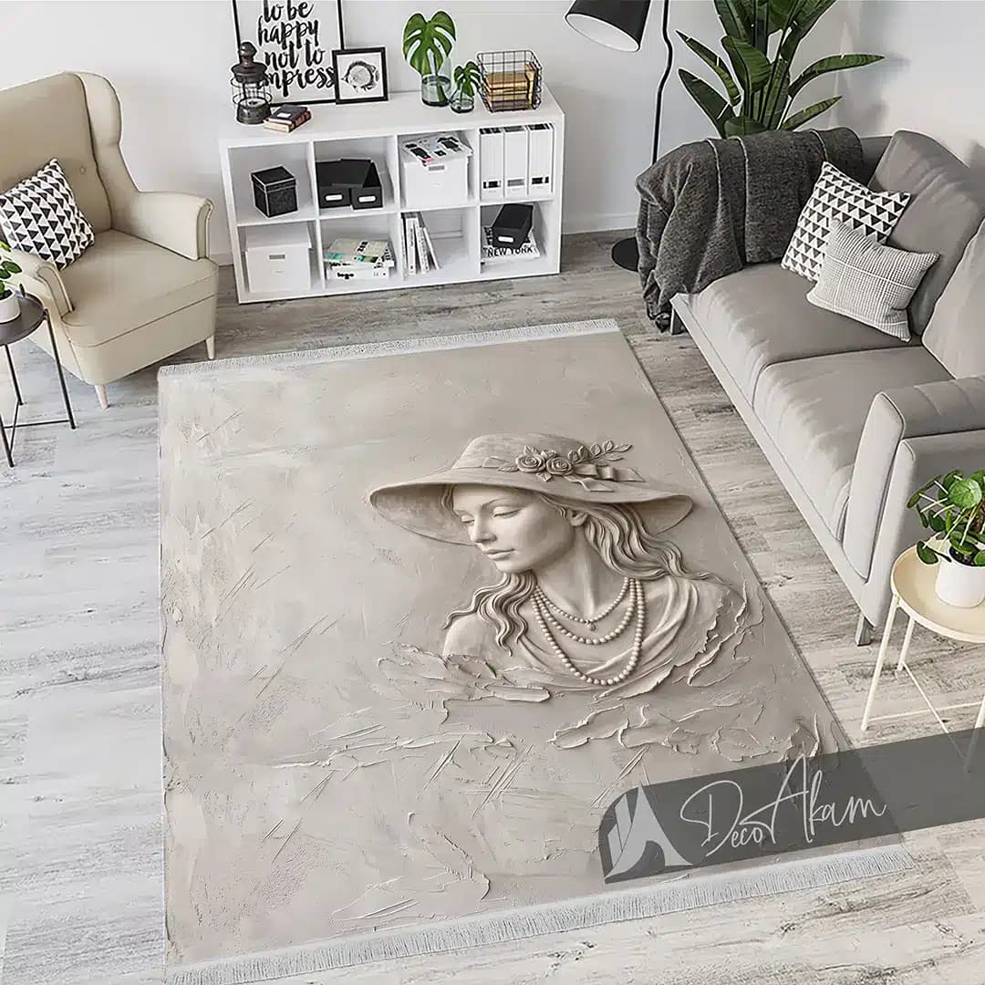 فرشینه سه بعدی زن با کلاه گلدار و گردنبند کد DA-(1436) | فرش کلاسیک — تصویر ۳