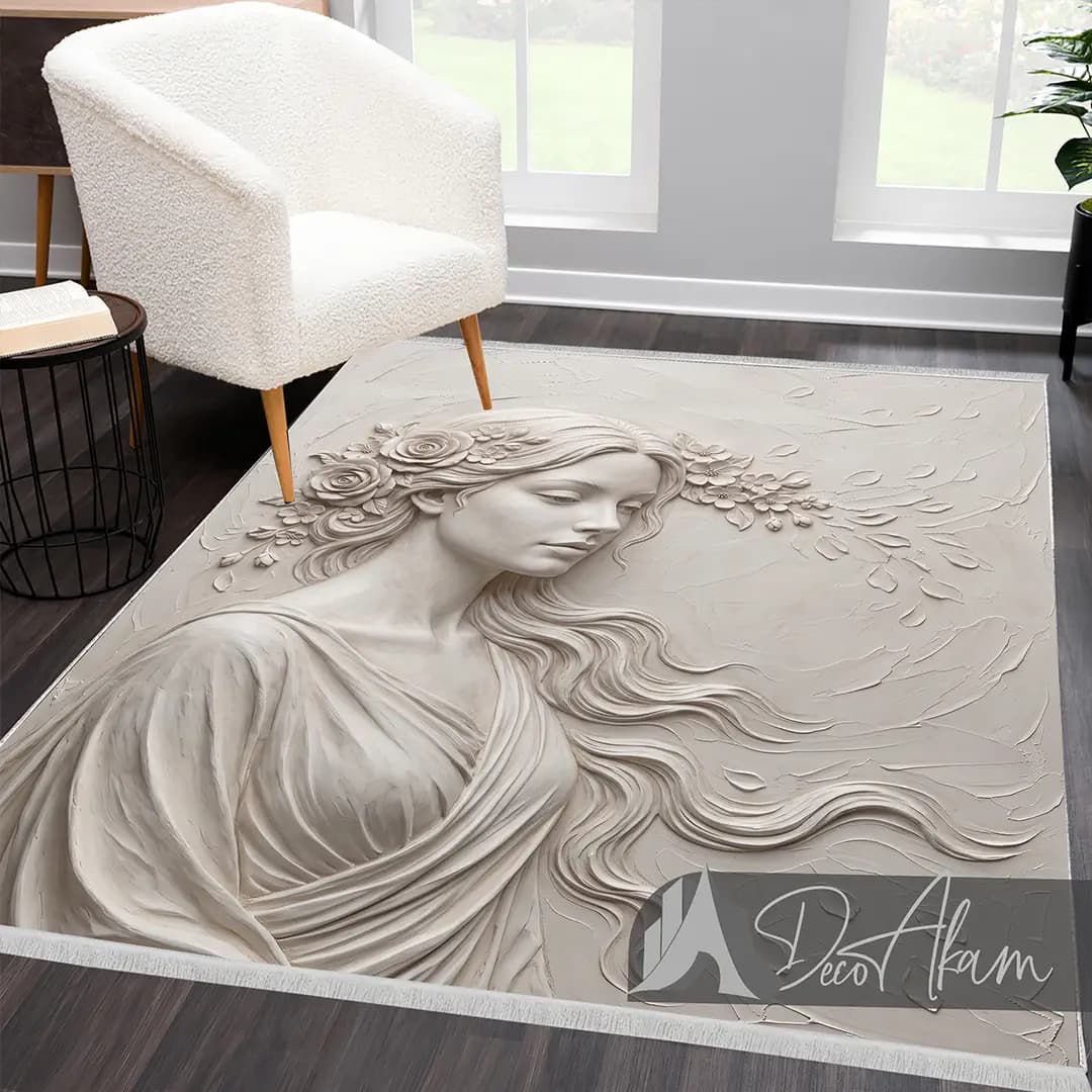 فرشینه سه بعدی چهره زن و گل رز طرح گچبری کد DA-(1434)-p | فرش دکوراتیو — تصویر ۳