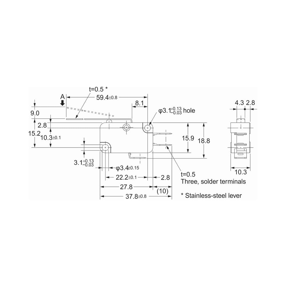 میکروسوئیچ 15A 250VAC بدون اهرم مدل V-15-1C25 — تصویر ۲