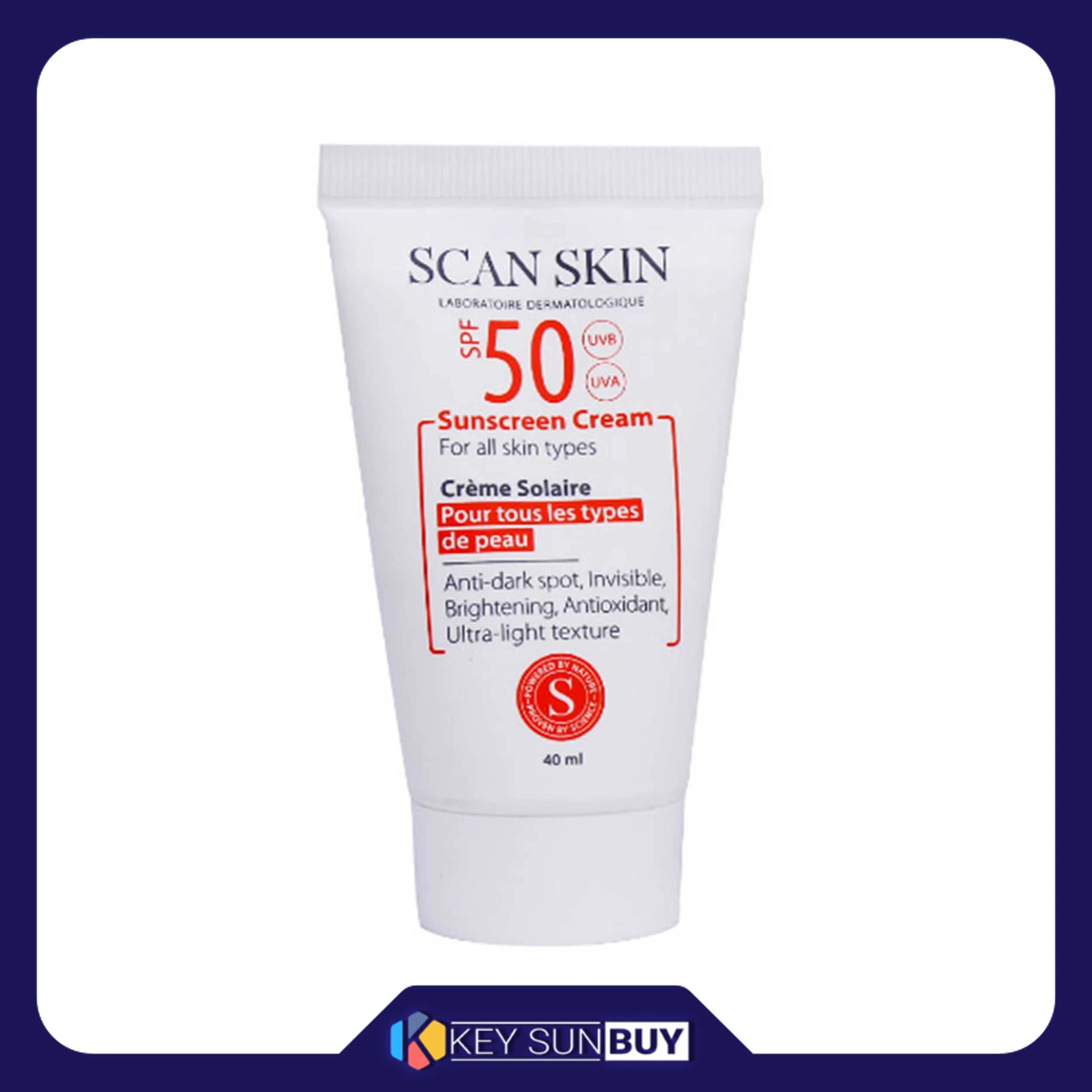 مراقبت پوست کرم ضد آفتاب بدون رنگ اسکن اسکین مدل SPF50 محافظ UVA ،UVB، ضد لک، روشن‌کننده، مناسب انواع پوست حجم 40 میلی‌لیتر