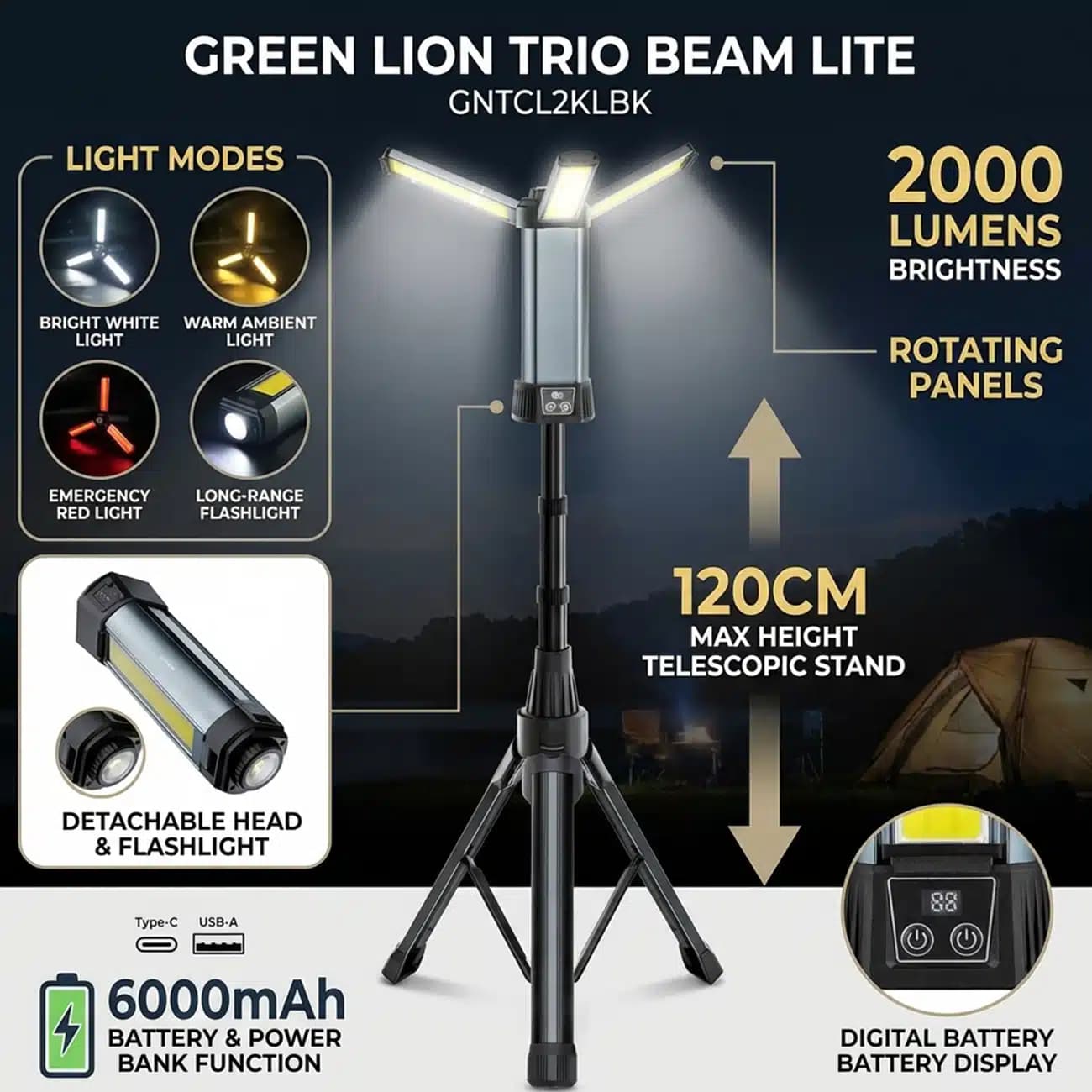 چراغ کمپینگ و پاور بانک گرین لاین Green Lion مدل GNTCL2KLBK — تصویر ۸