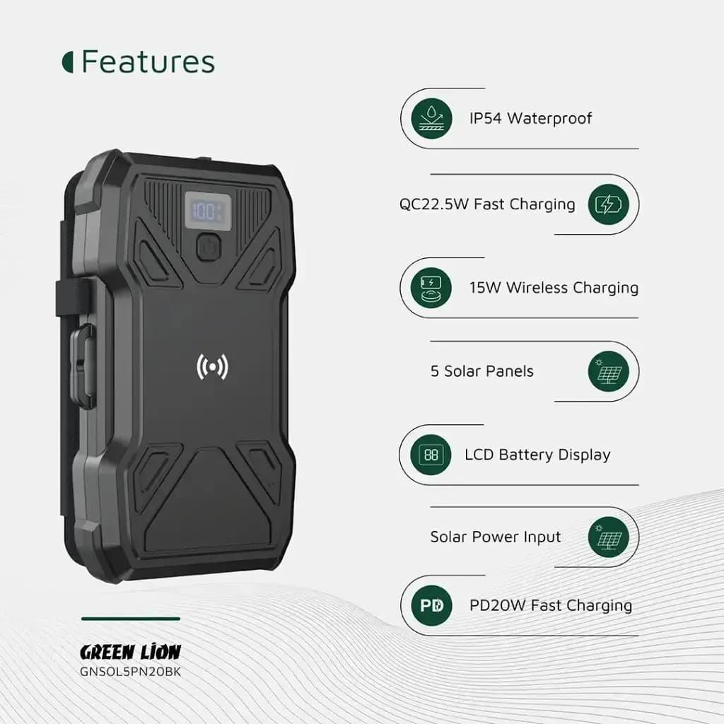 پاوربانک خورشیدی 5 پنل 20000 گرین لاین Green Lion Solar 20000mAh — تصویر ۲