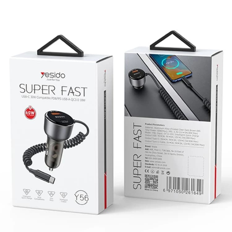 شارژر فندکی 60 وات به همراه کابل تبدیل USB-C یسیدو مدل Yesido Y56 — تصویر ۲