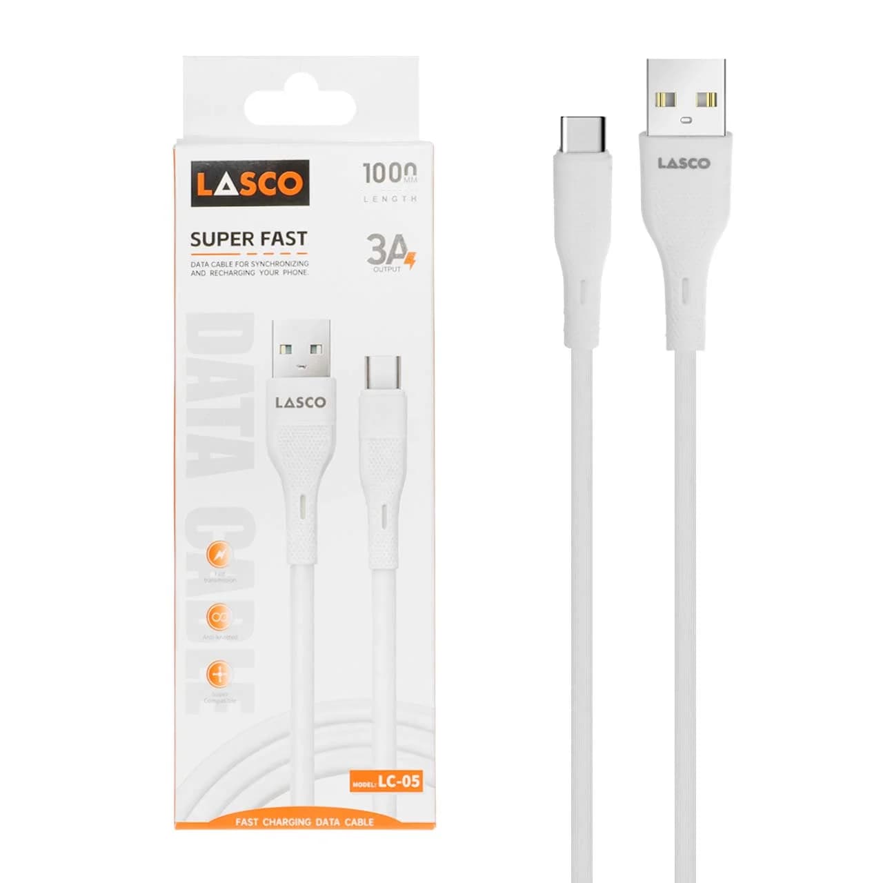 کابل شارژ فست Lasco Type-C مدل LC-05 – سفید – DST (گارانتی شش ماهه)