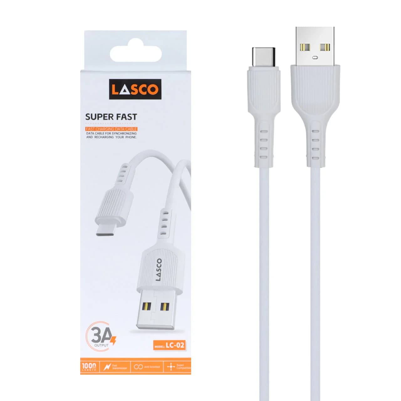 کابل شارژ فست Lasco Type-C مدل LC-02 – سفید – DST (گارانتی شش ماهه)