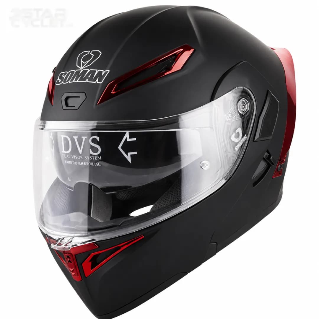 کلاه کاسکت فک متحرک سومان مدل 955 MATT-BLACK-ELECTROPLATED-RED