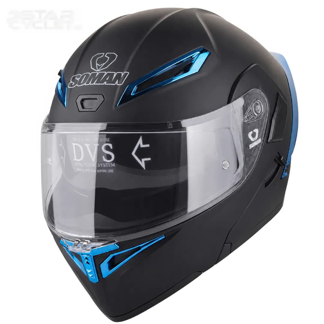 کلاه کاسکت فک متحرک سومان مدل 955 MATT-BLACK-ELECTROPLATED-BLUE