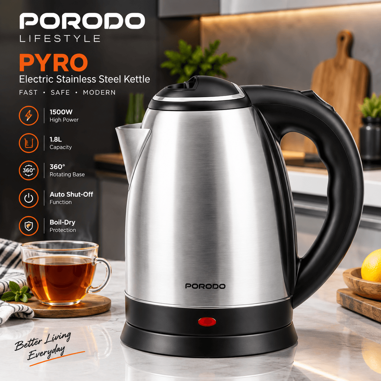 کتری برقی استیل پورودو Porodo PYRO ظرفیت 1.8 لیتر توان 1500 وات