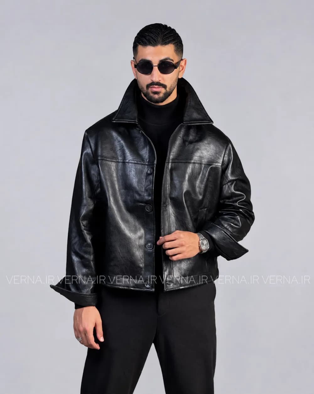 کاپشن چرم مردانه دکمه دار AD4060 — تصویر ۲