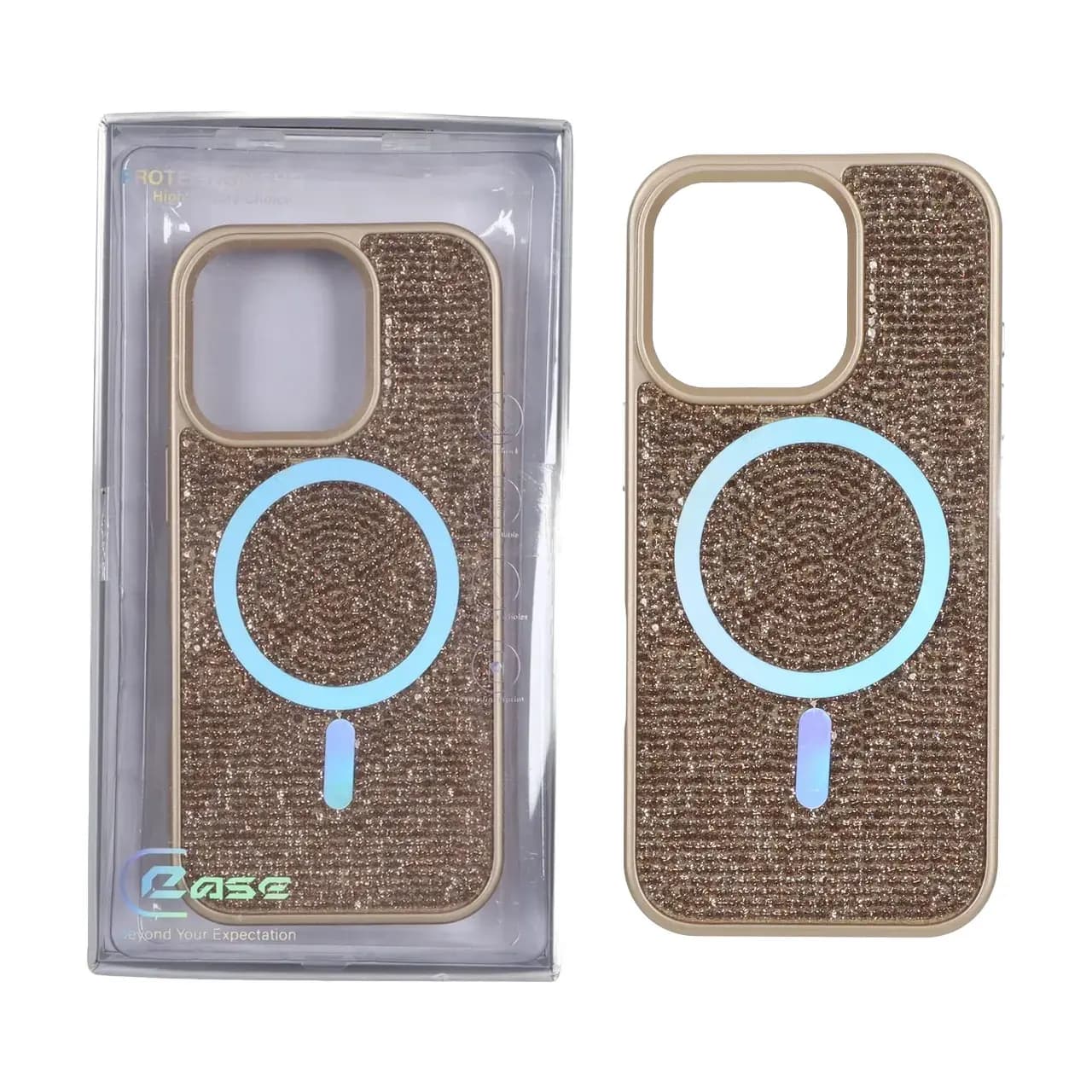 قاب C Case نگین دار MagSafe هولوگرامی محافظ لنزدار Apple iPhone 16 Pro Max – طلایی (پک دار)
