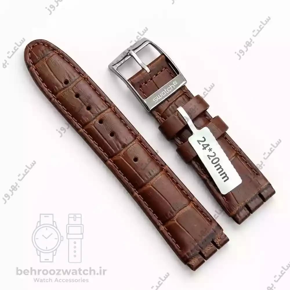 بند ساعت سواچ چرمی قهوه ای طرح کروکودیل سایز 24-20 میلی متر — تصویر ۳