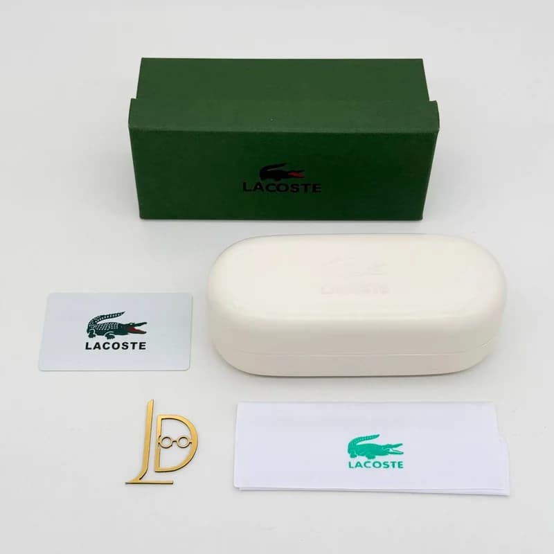 پک و قاب هارد عینک اورجینال لاگوست Lacoste سفید با مخمل سبز و جعبه تمساح