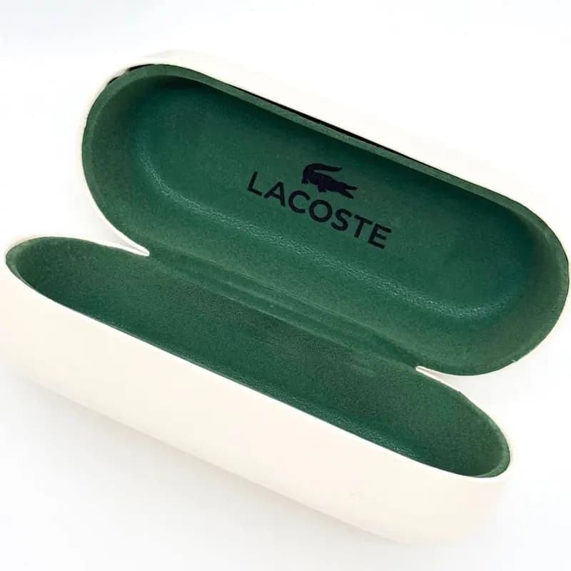 پک و قاب هارد عینک اورجینال لاگوست Lacoste سفید با مخمل سبز و جعبه تمساح — تصویر ۳