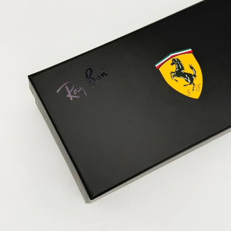 پک و جعبه عینک اورجینال ریبن فراری Ray-Ban Scuderia Ferrari چرم مشکی با دوخت قرمز — تصویر ۲