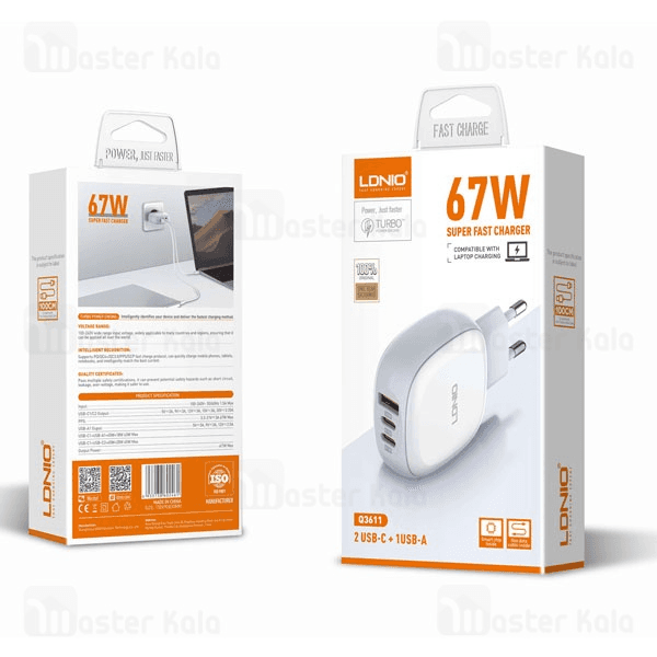 شارژر دیواری الدینیو Ldnio Q3611 GaN توان 67 وات همراه با کابل — تصویر ۳