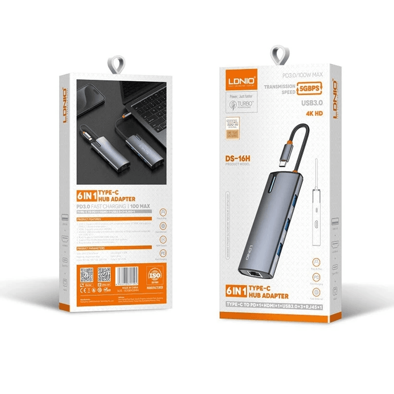 هاب 6 پورت تایپ سی الدینیو LDNIO 6in1 Type-c Hub Adapter DS-16H توان 100 وات — تصویر ۲