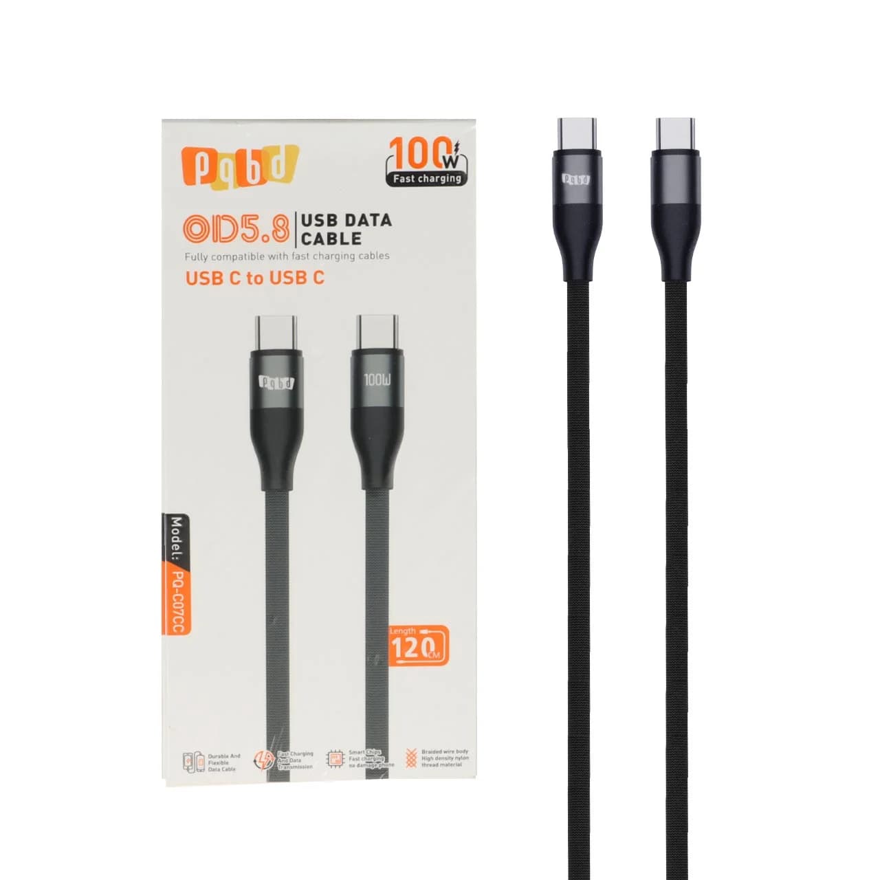 کابل شارژ فست 1.2 متری pqbd Type-C To Type-C مدل PQ-C07CC 100W – مشکی