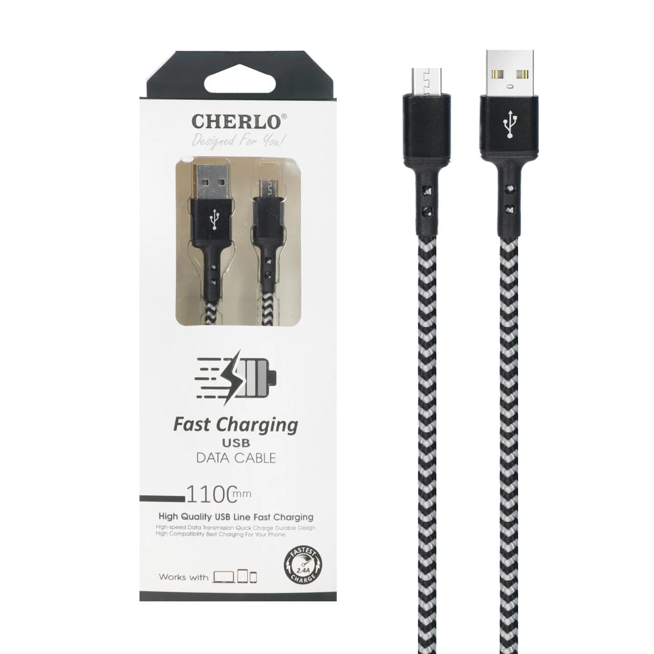 کابل شارژ 1.1 متری فست اندروید CHERLO مدل CH-V821 – مشکی سفید – SMO