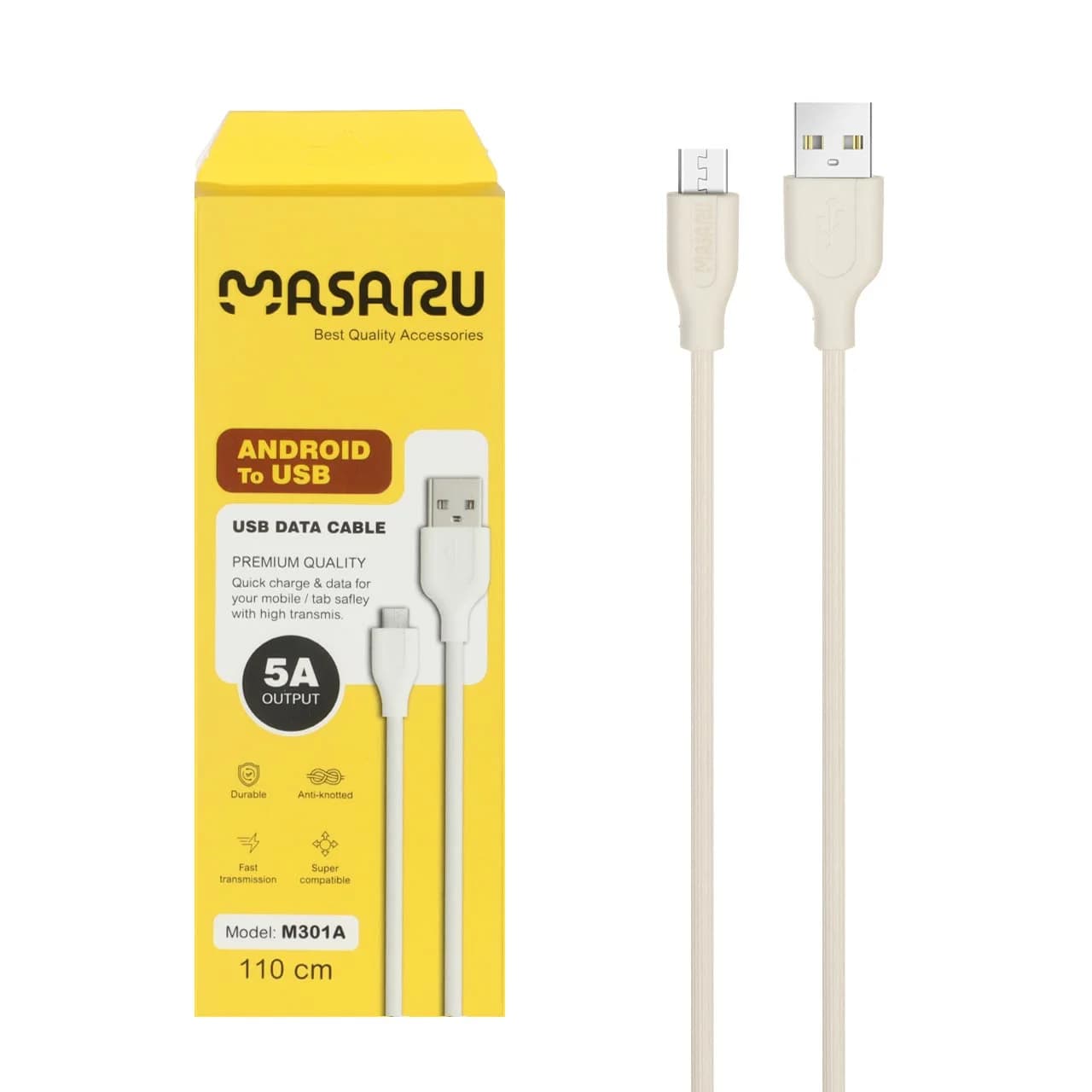 کابل شارژ 1.1 متری فست اندروید Masaru مدل M301A – سفید – SMO