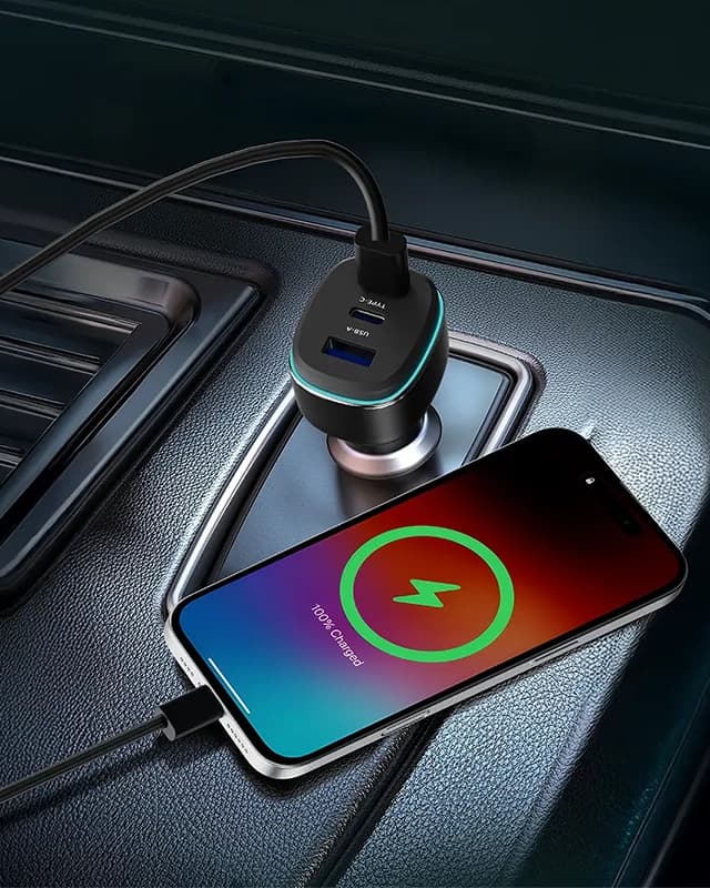 شارژر فندکی پاورولوژی Powerology 140W Car Charger PCCSR025BKGYC + کابل USB C — تصویر ۲