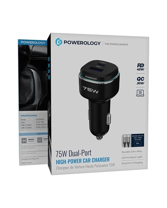 شارژر فندکی 75 وات پاورولوژی Powerology 75W Car Charger PCCSR024BKGYC + کابل USB C — تصویر ۳