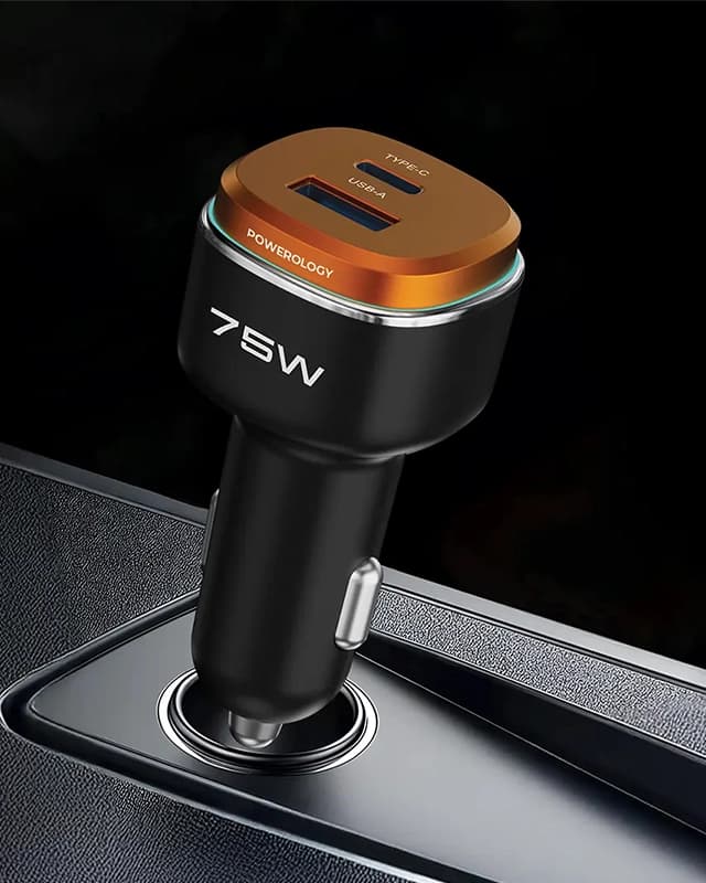 شارژر فندکی 75 وات پاورولوژی Powerology 75W Car Charger PCCSR024BKGYC + کابل USB C — تصویر ۴