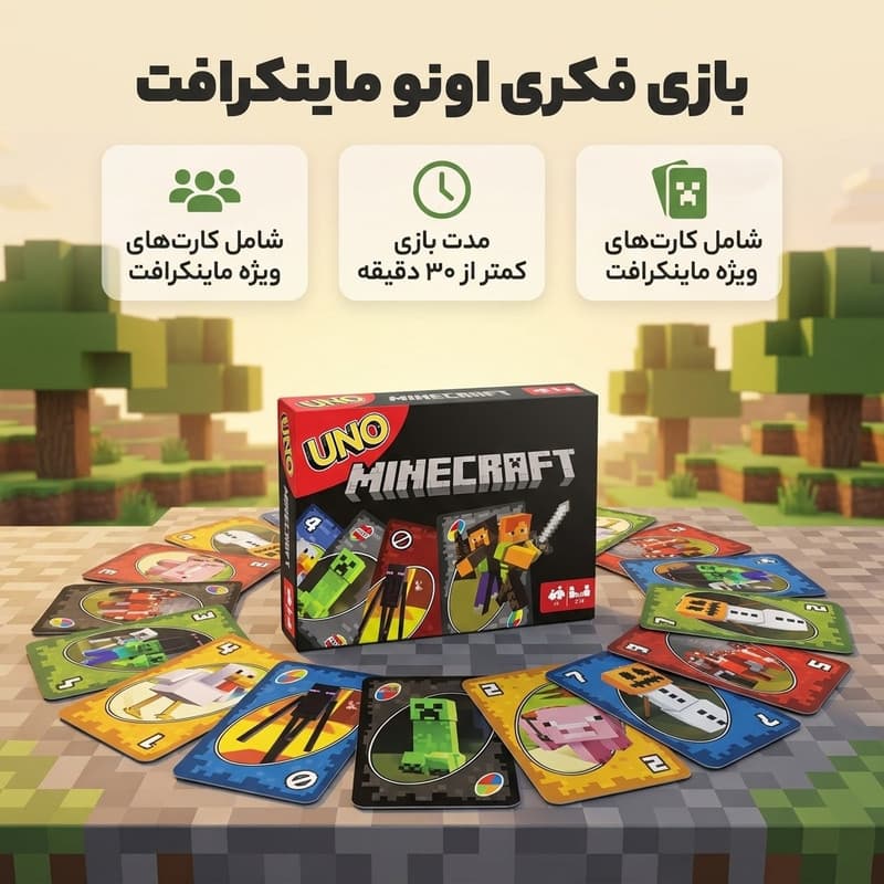 بازی فکری کارتی مدل اونو ماینکرافت مناسب 2 تا 10 نفر، درجه سختی آسان، بازی دورهمی کمتر از 30 دقیقه، تقویت حافظه و تاکتیک بلوف‌زنی، ساخت ایران — تصویر ۲