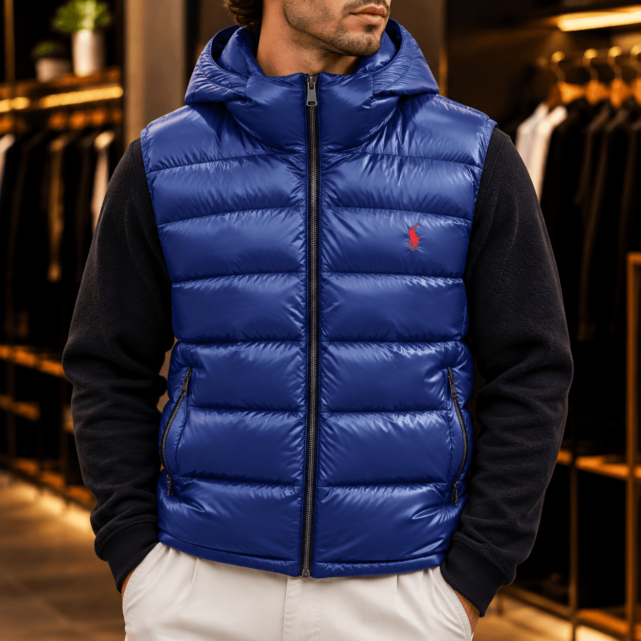 پافر کلاه دار Polo گلدوزی آبی