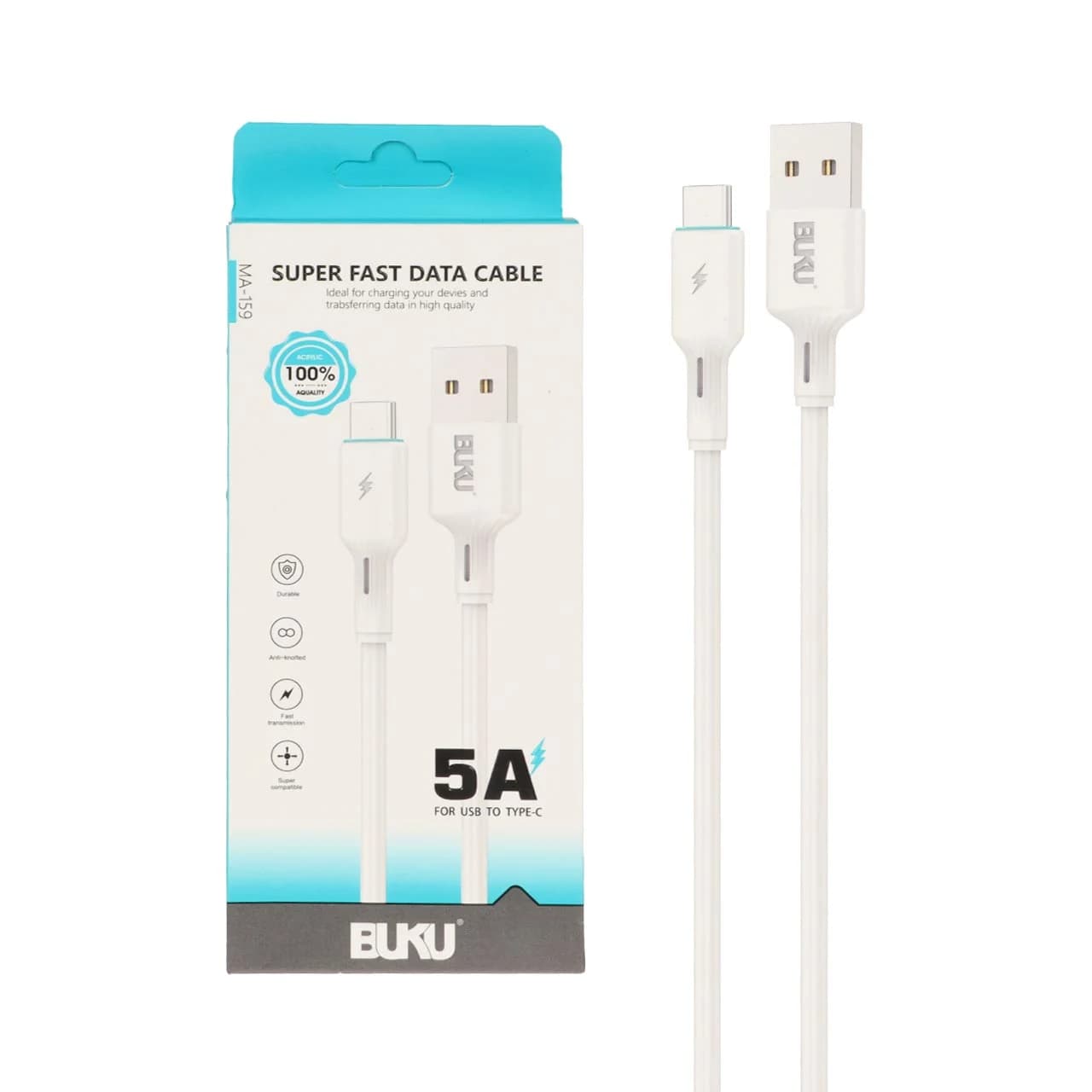 کابل شارژ فست BUKU Type-C مدل MA-159 – سفید – MMS (گارانتی شش ماهه YA)