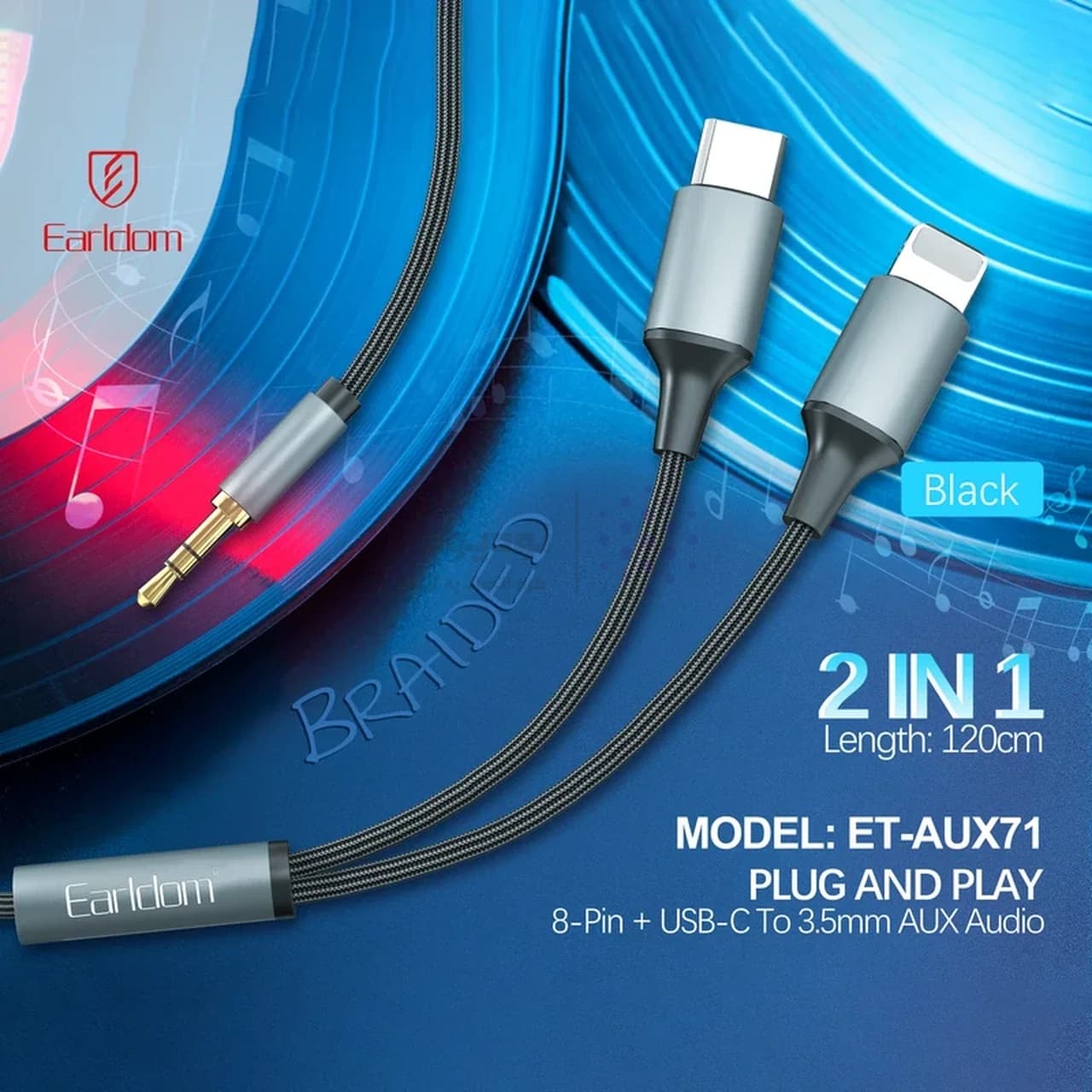 کابل Earldom Aux To Type-C & Lightning مدل ET-AUX71 – مشکی — تصویر ۲