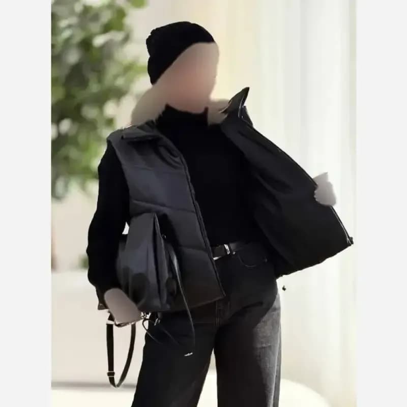 پافر کراپ چرم زنانه مشکی جنس چرم تیرکمانی پشم شیشه دار سایز فری 38 تا 44 — تصویر ۵