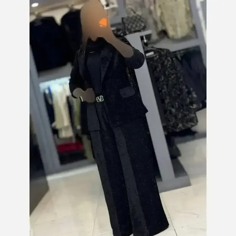 کت شلوار مخمل زنانه یقه انگلیسی نگین دار شلوار فول بگ
