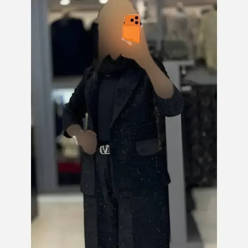 کت شلوار مخمل زنانه یقه انگلیسی نگین دار شلوار فول بگ — تصویر ۳