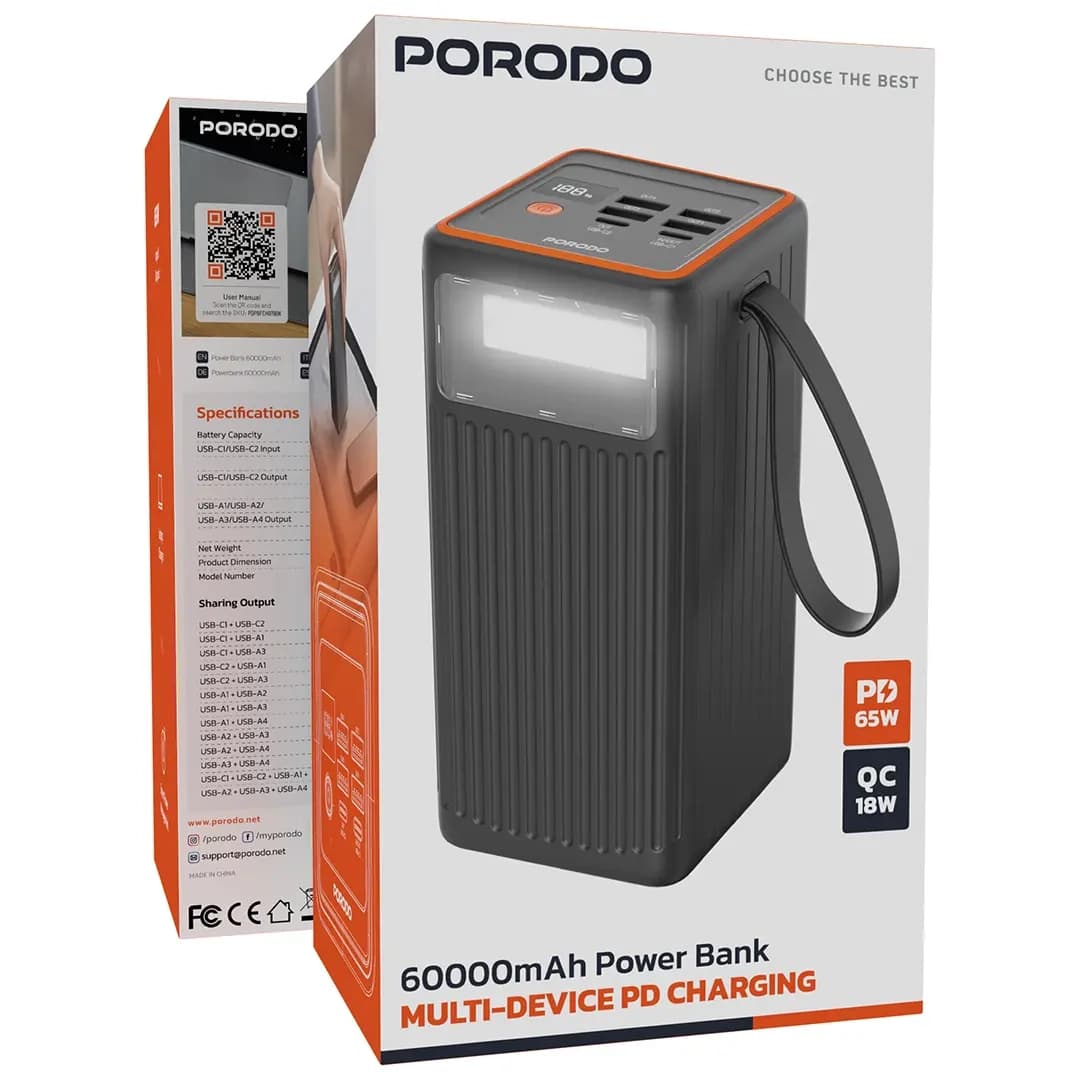پاوربانک پرودو مدل Porodo 60000mAh Power Bank Multi-Device PD Charging PDPBFCH079BK — تصویر ۲