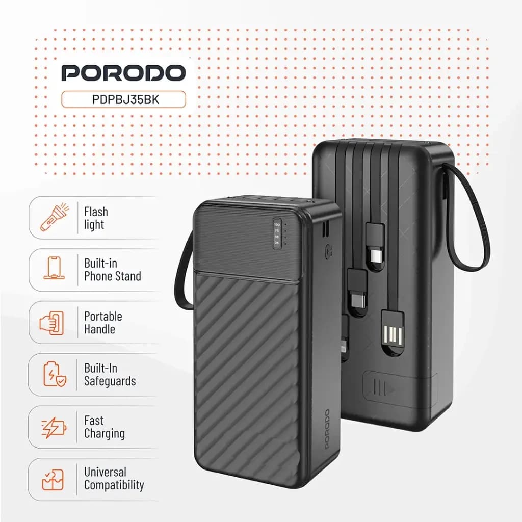 پاوربانک پرودو مدل Porodo Piano 30000mAh Power Bank with Integrated Cables PDPBJ35BK — تصویر ۸